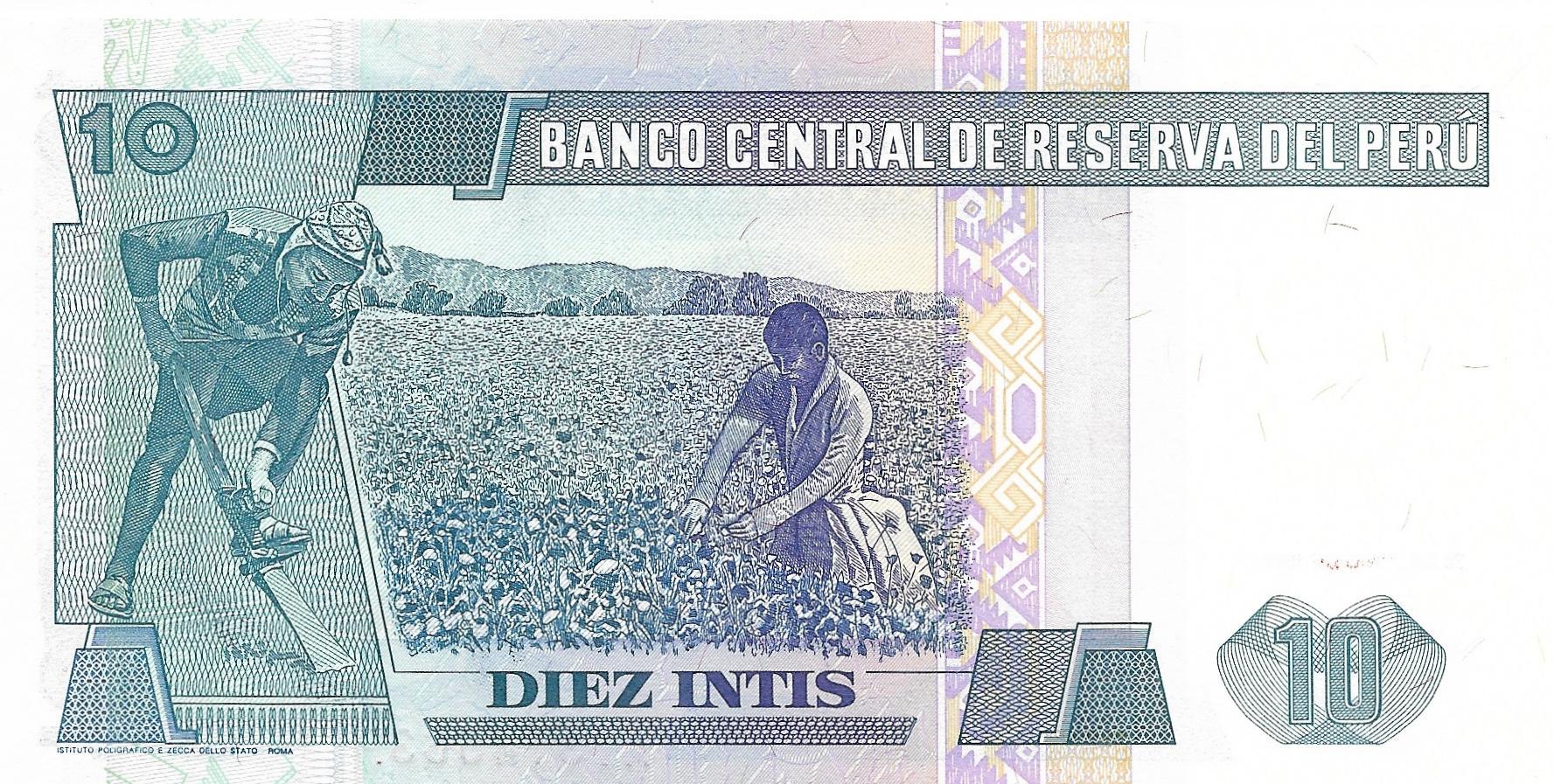PERU 10 Intis, P-129b; UNCIRCULATED, 1987; features Cotton Farmers