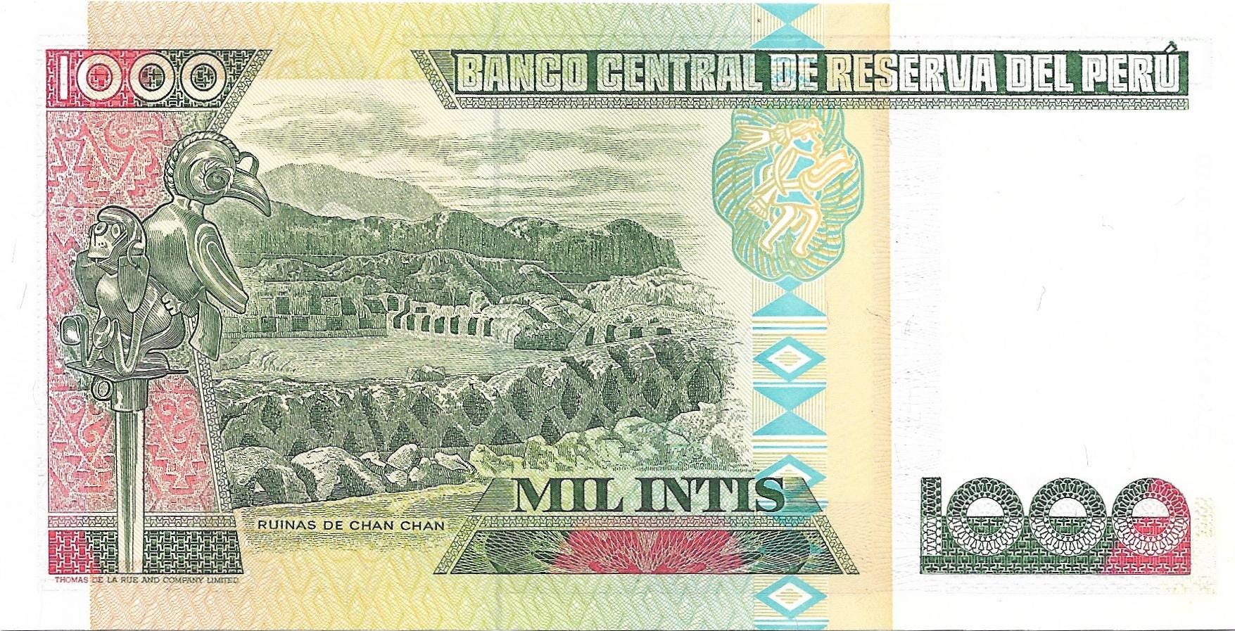 PERU 1000 Intis, P-136b; UNCIRCULATED, 1987; features Ruins of Chan Chan
