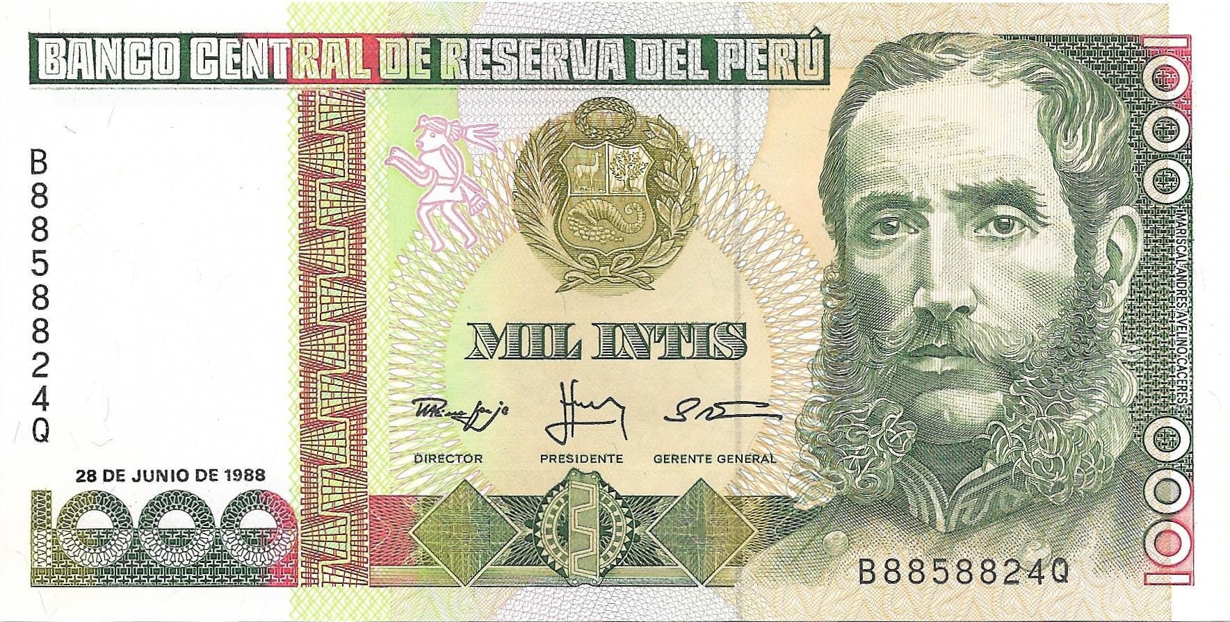 PERU 1000 Intis, P-136b; UNCIRCULATED, 1987; features Ruins of Chan Chan