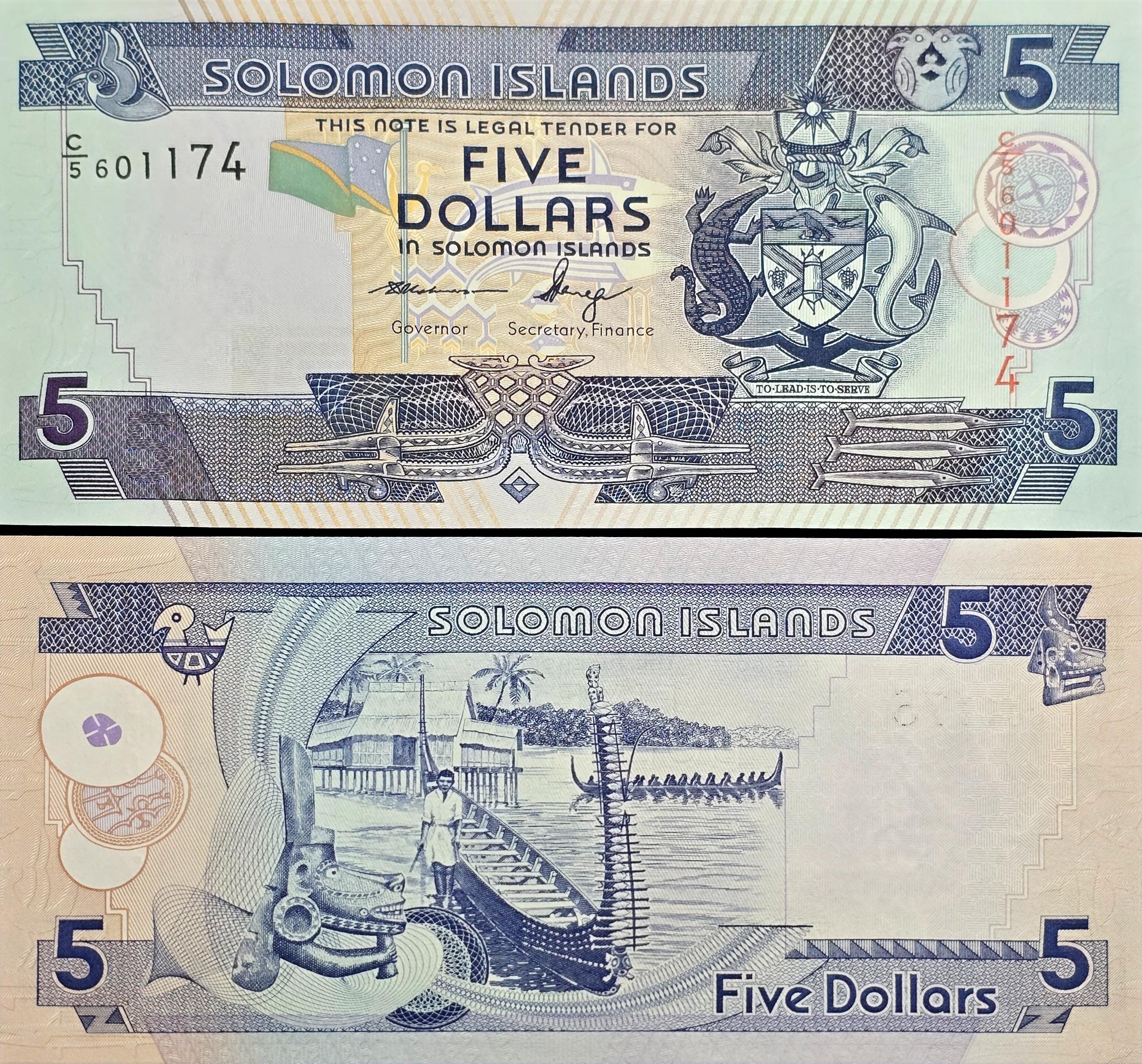 SOLOMON ISLANDS 5 Dollars, P-26, UNCIRCULATED, 2006; features Long boats and a hut