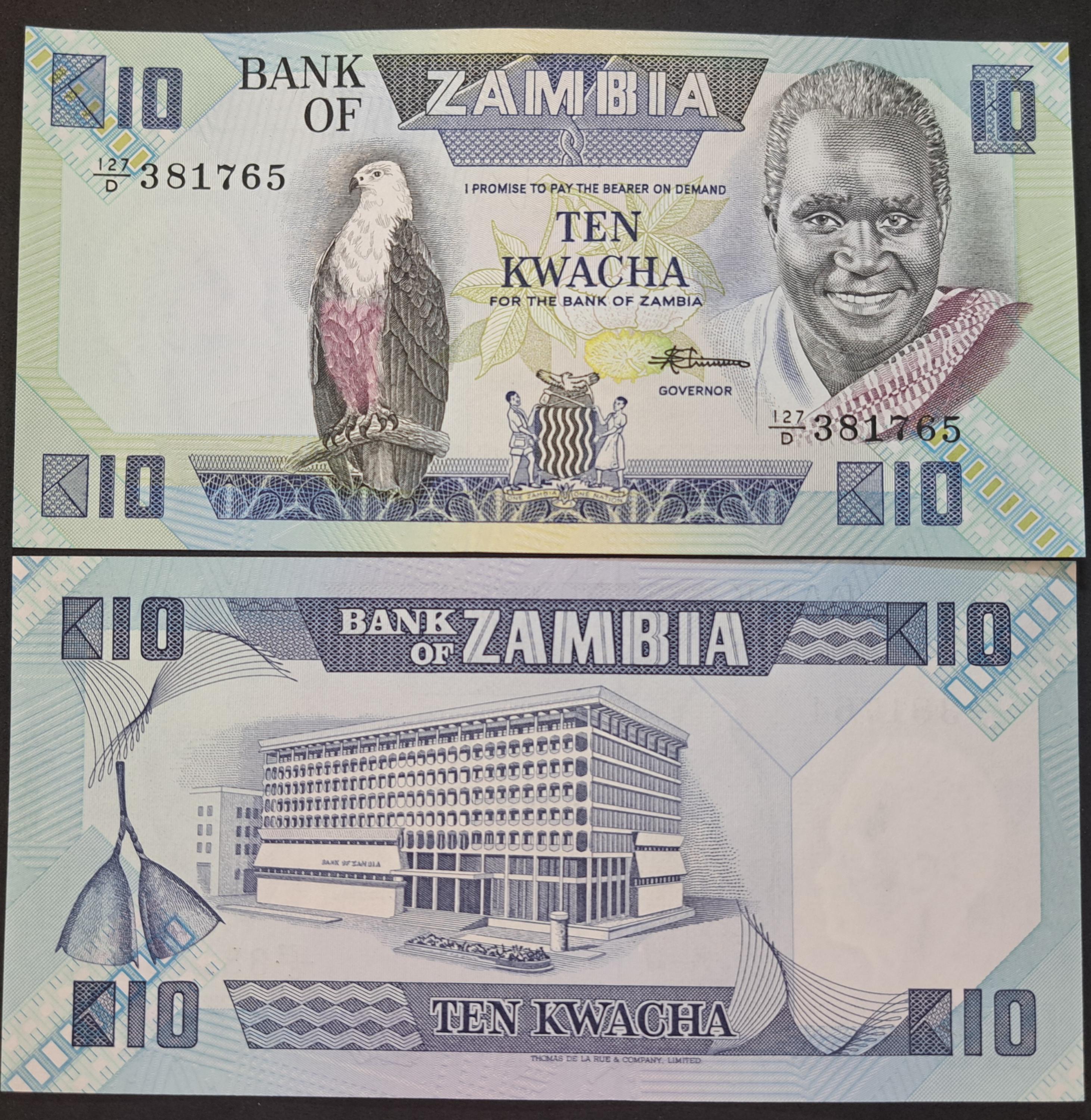 ZAMBIA 10 Kwacha, P- 26e; UNCIRCULATED, 1980; Features a Fish Eagle