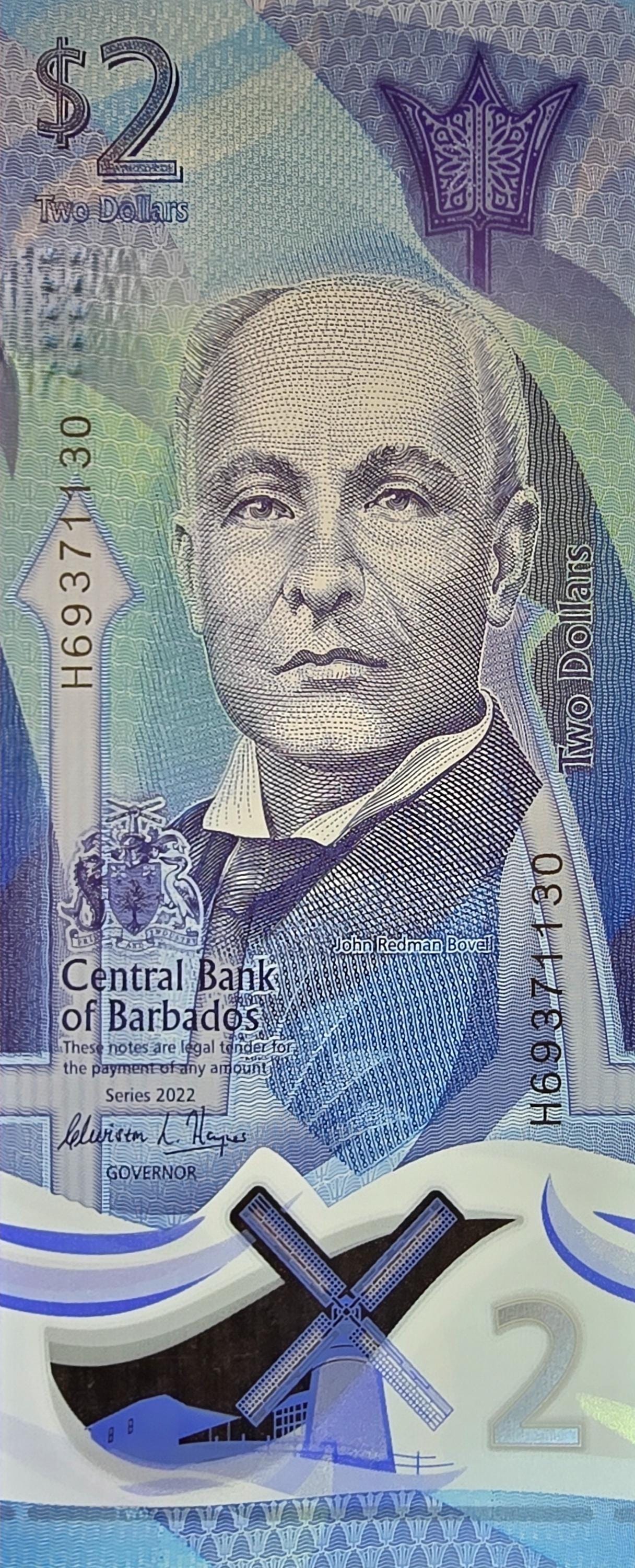 BARBADOS 2 Dollars, B239a, UNCIRCULATED, 2024; Vertical banknote, Windmill