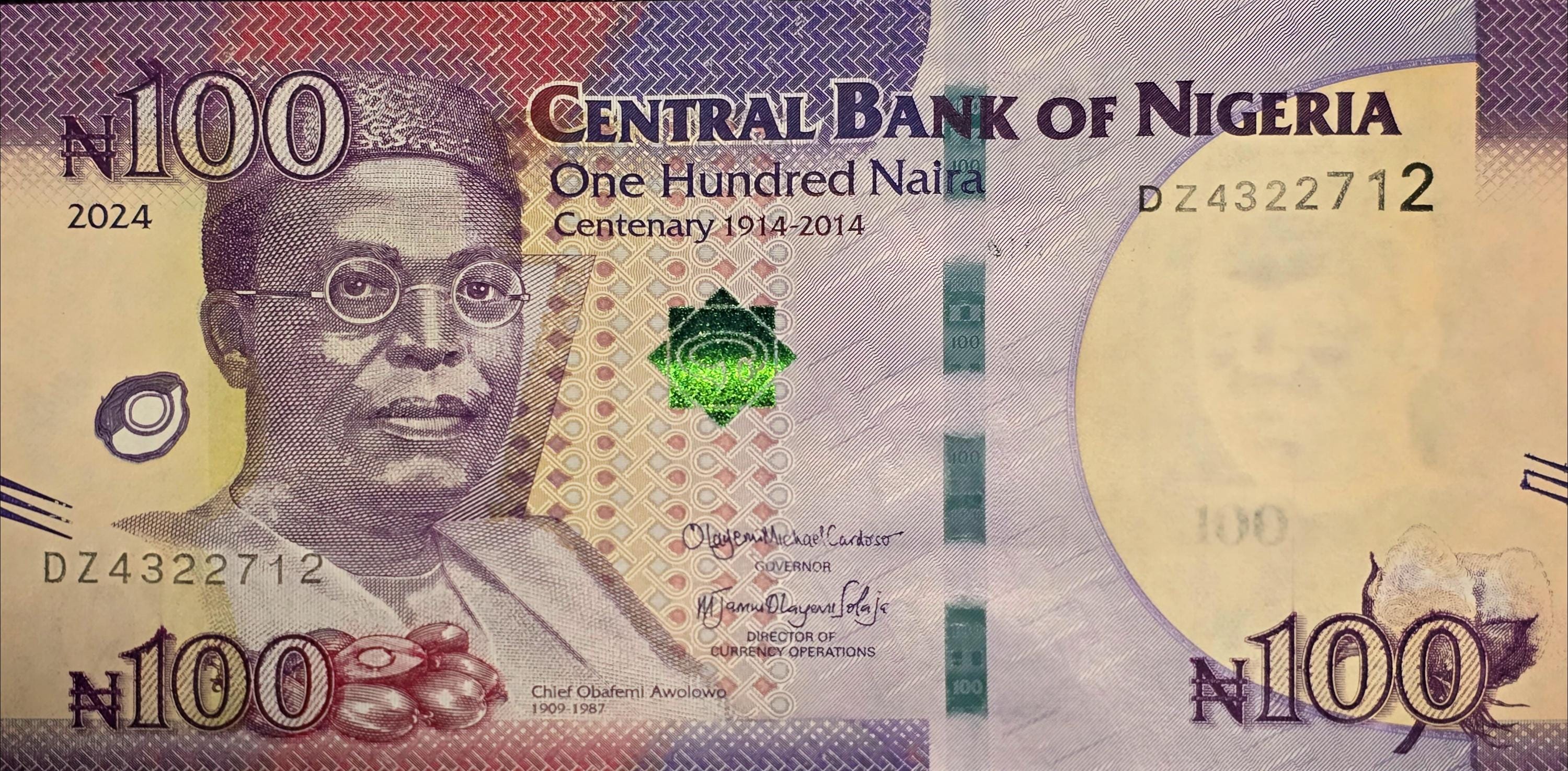 NIGERIA 100 Naira Banknote, B238dz (Replacement Note), UNCIRCULATED, 2024; features World first Internet read banknote