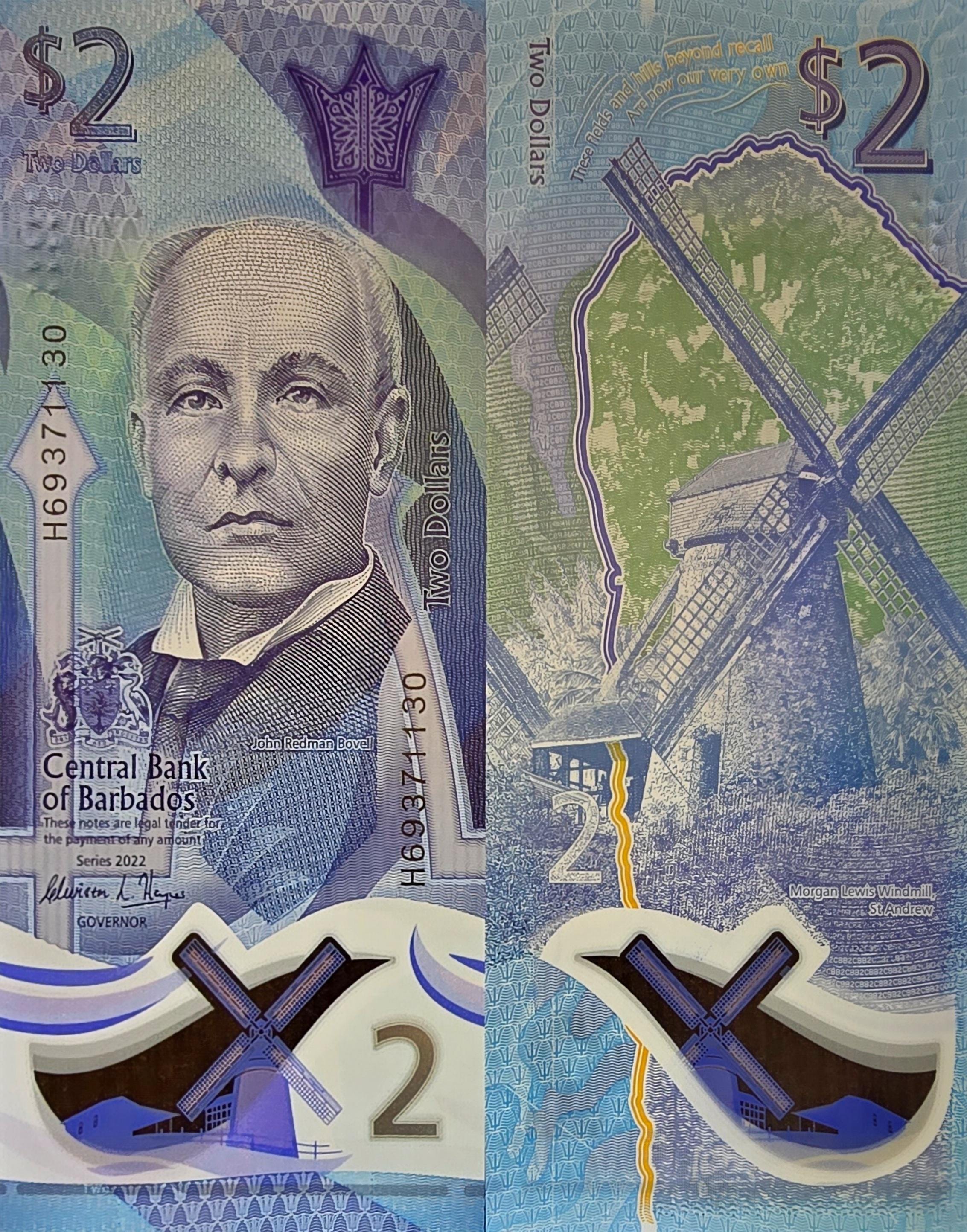 BARBADOS 2 Dollars, B239a, UNCIRCULATED, 2024; Vertical banknote, Windmill
