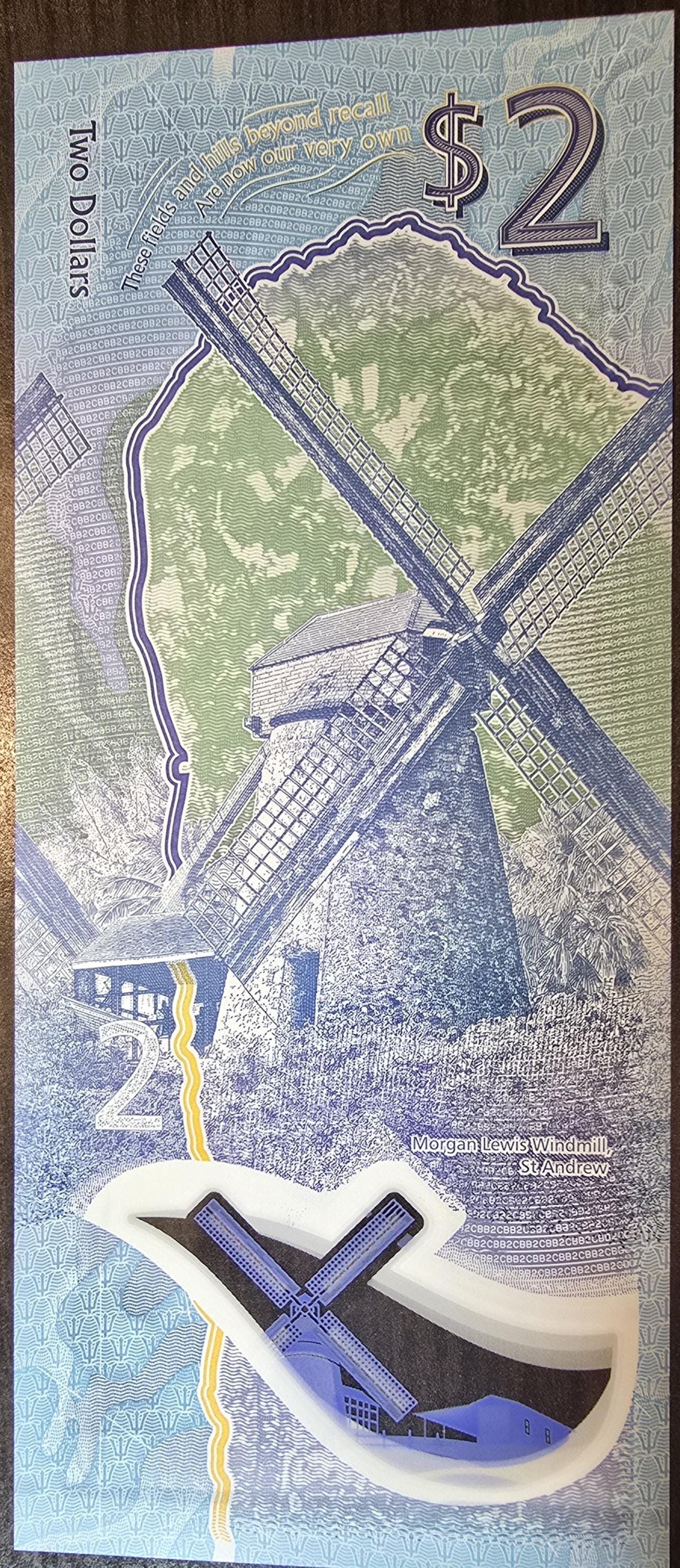BARBADOS 2 Dollars, B239a, UNCIRCULATED, 2024; Vertical banknote, Windmill