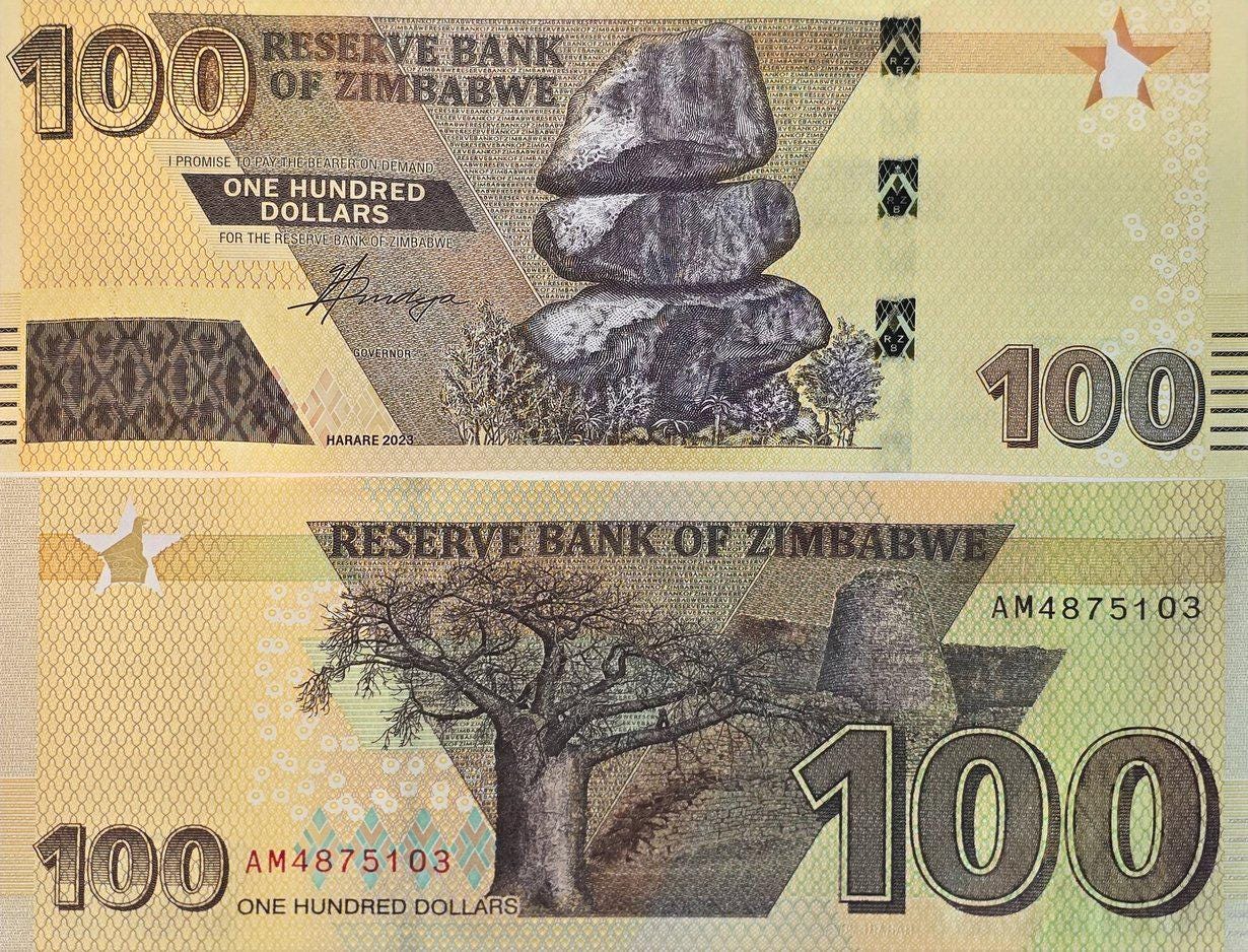 Zimbabwe 100 Dollars, B197b, UNCIRCULATED, 2023; features Great Zimbabwe Ruins
