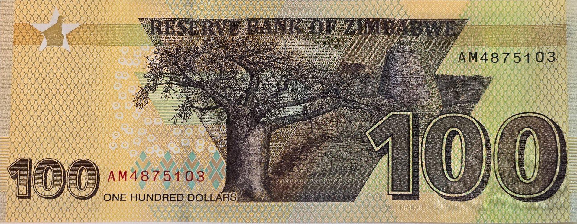 Zimbabwe 100 Dollars, B197b, UNCIRCULATED, 2023; features Great Zimbabwe Ruins