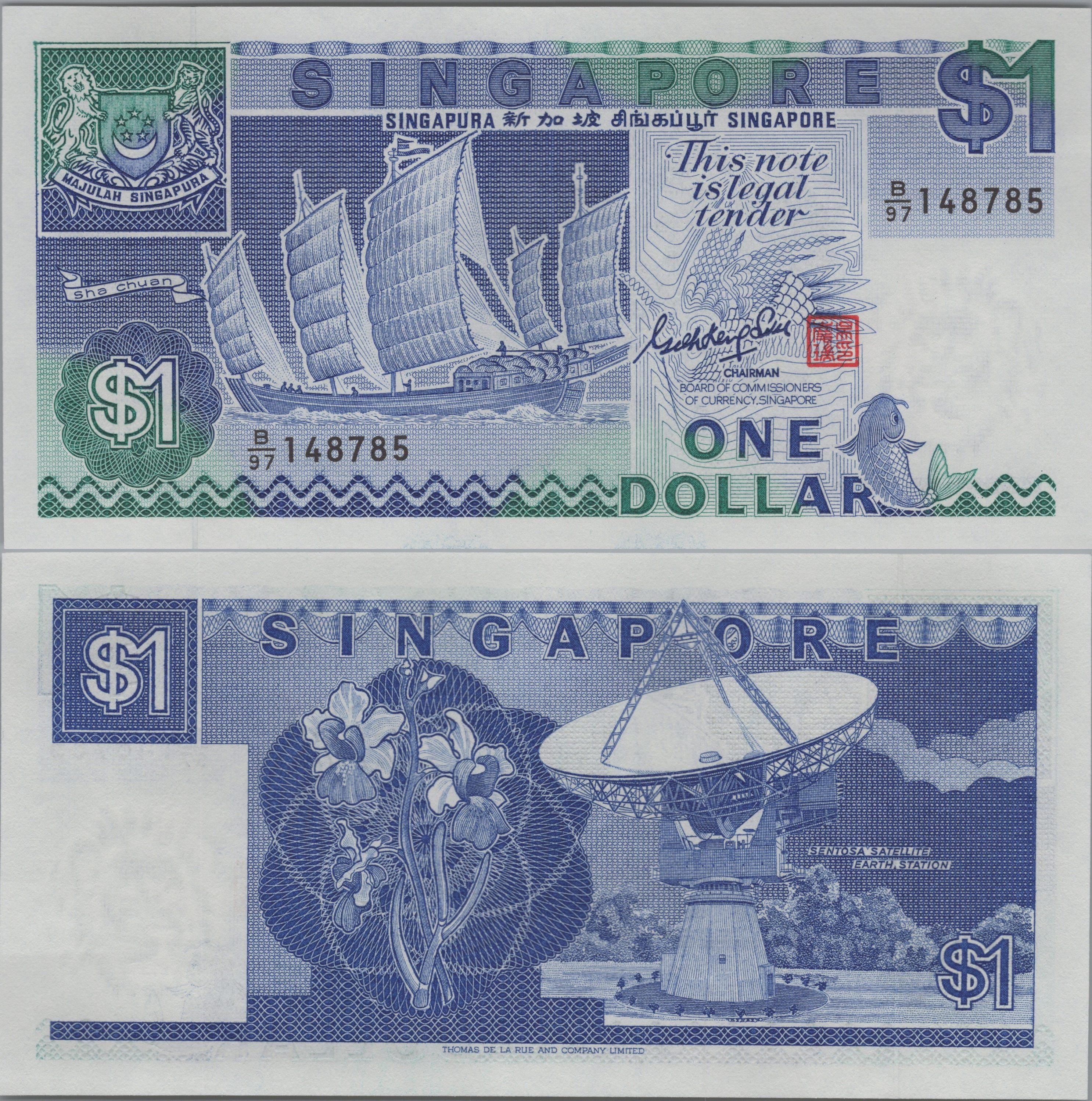 SINGAPORE 1 Dollar, P18a; UNCIRCULATED; 1987; features a Sailing Ship