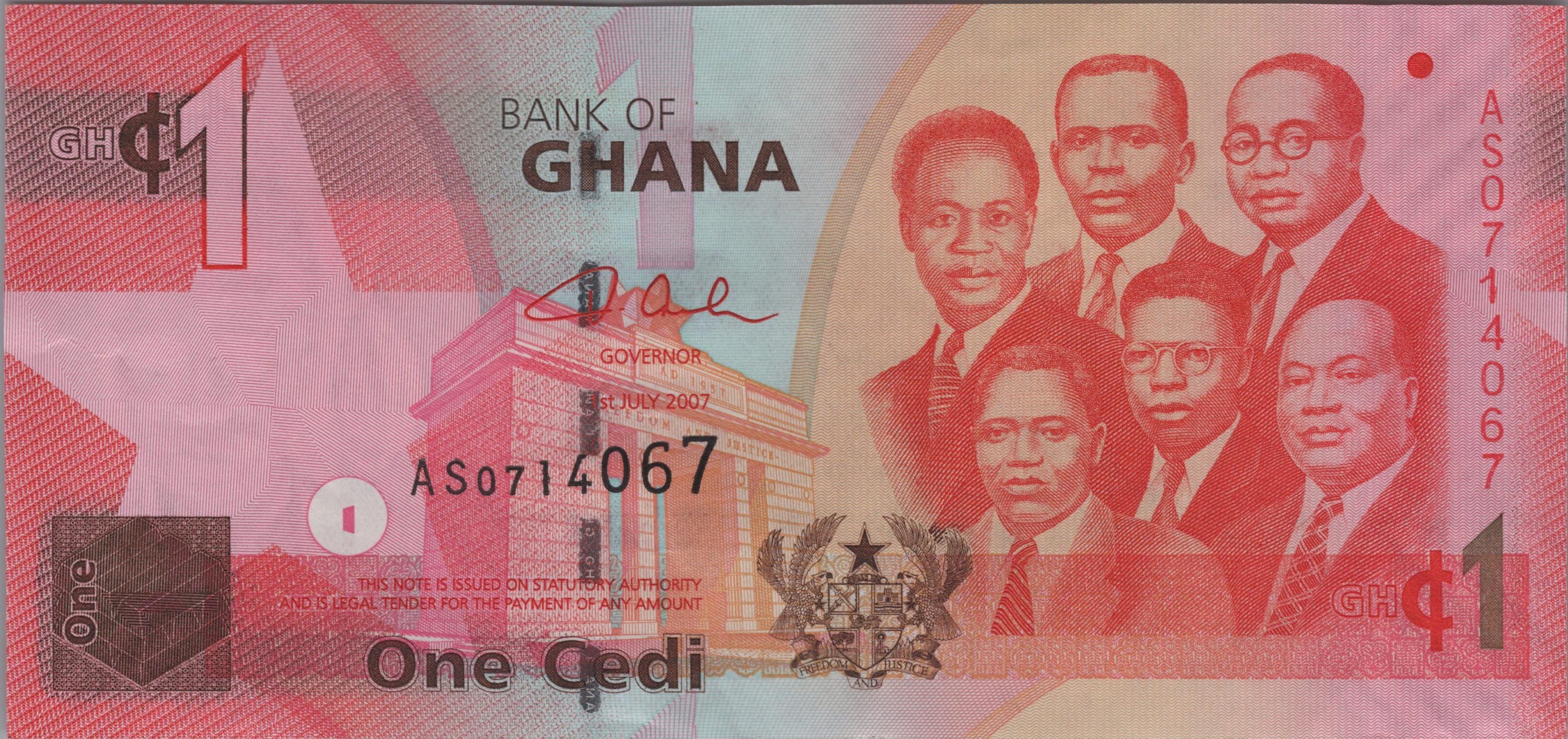 GHANA 1 Cedi Banknote, P37a, 2007, UNCIRCULATED; Features Qwame Nkruma. other leaders and a Dam