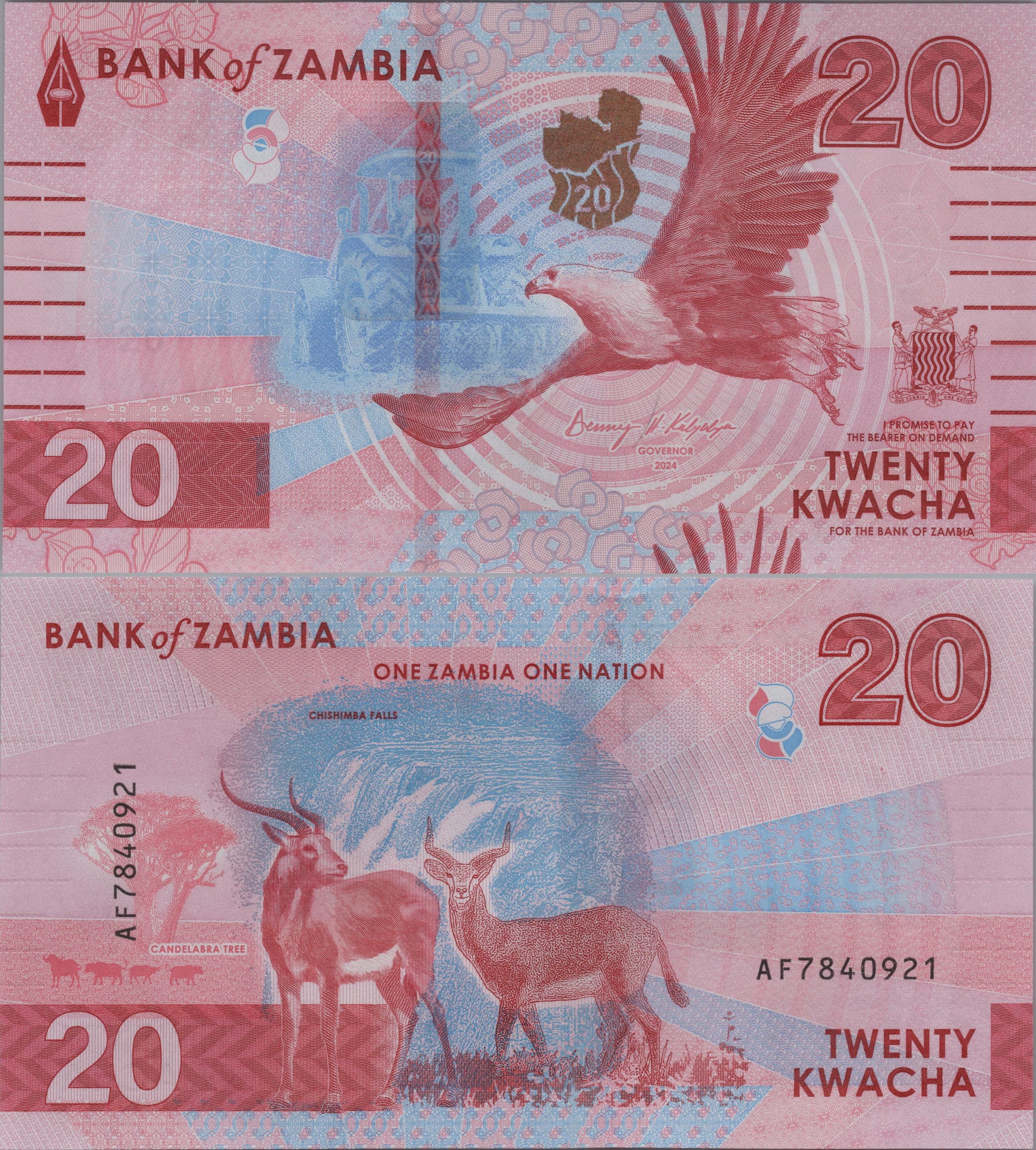 ZAMBIA 20 Kwacha, B172a, 2024, UNCIRCULATED; Features Water Buffalo