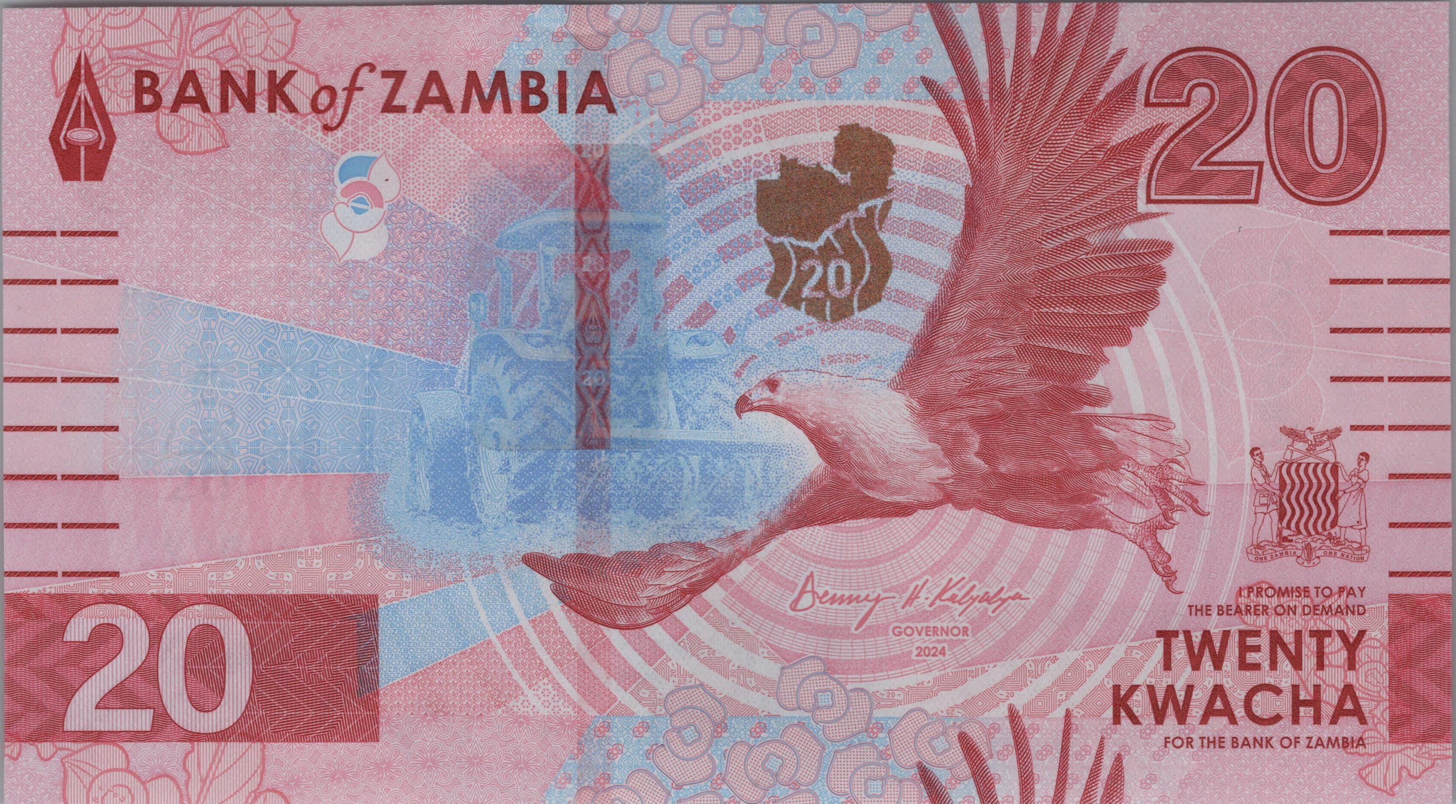 ZAMBIA 20 Kwacha, B172a, 2024, UNCIRCULATED; Features Water Buffalo