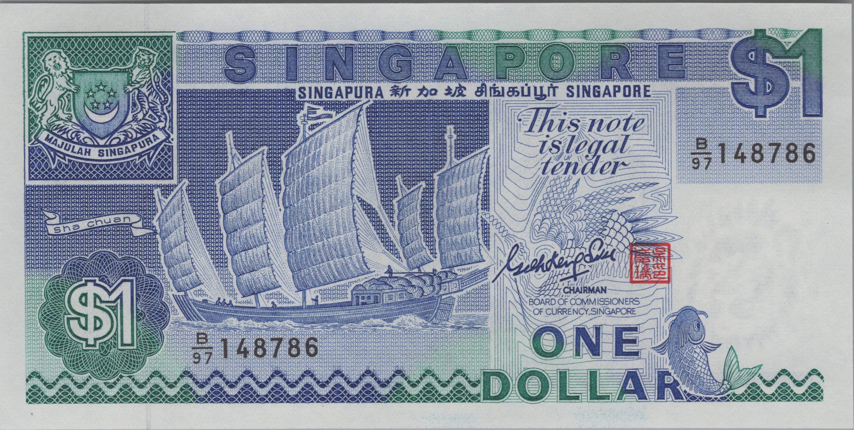 SINGAPORE 1 Dollar, P18a; UNCIRCULATED; 1987; features a Sailing Ship