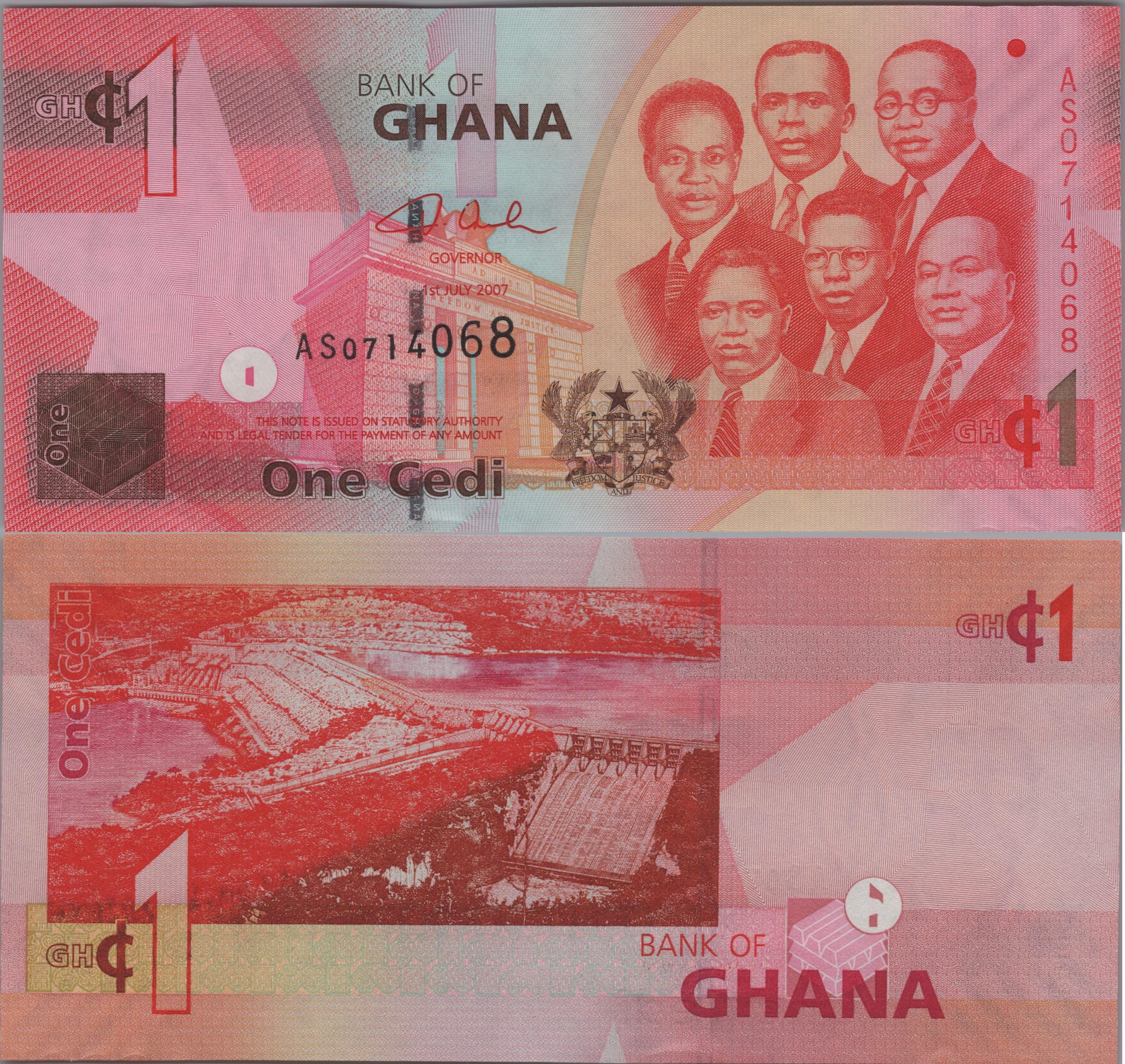 GHANA 1 Cedi Banknote, P37a, 2007, UNCIRCULATED; Features Qwame Nkruma. other leaders and a Dam