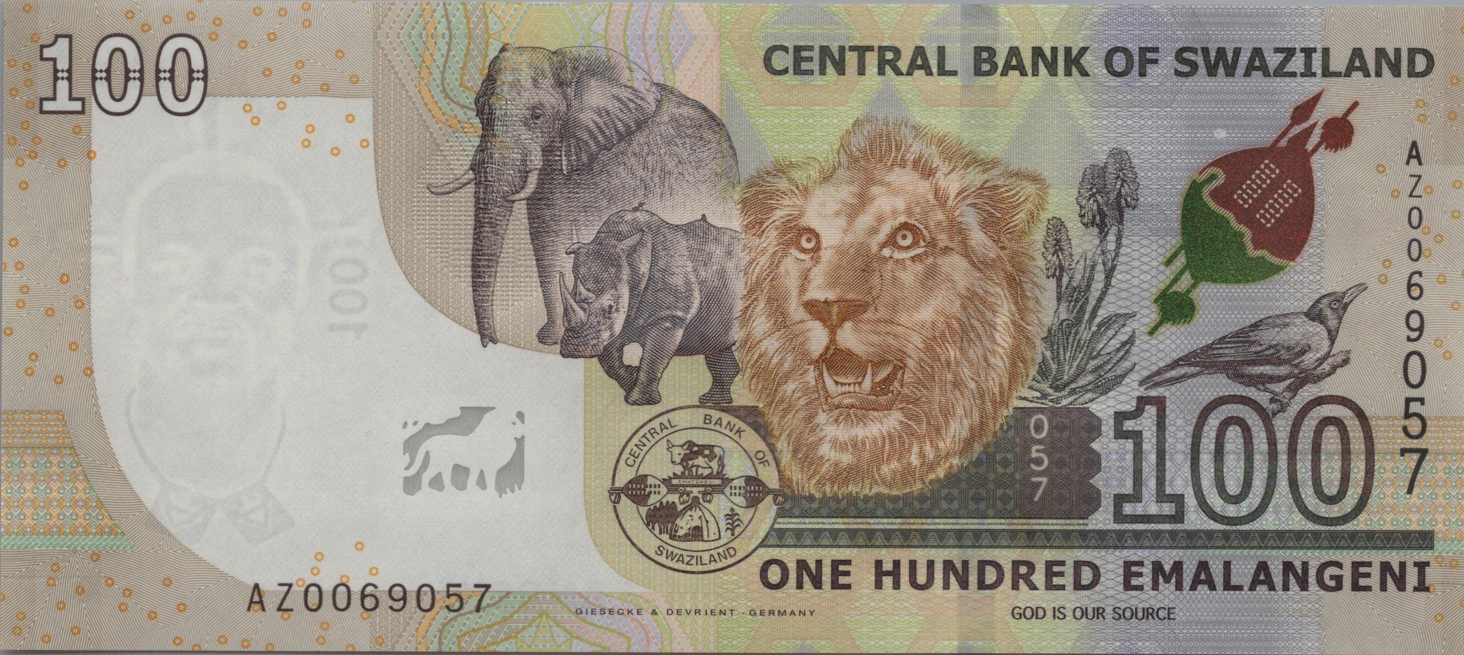 Eswatini (Swaziland) 10 Emalangeni , P42, 2017, UNCIRCULATED; Features Elephant, Rhino, Lion