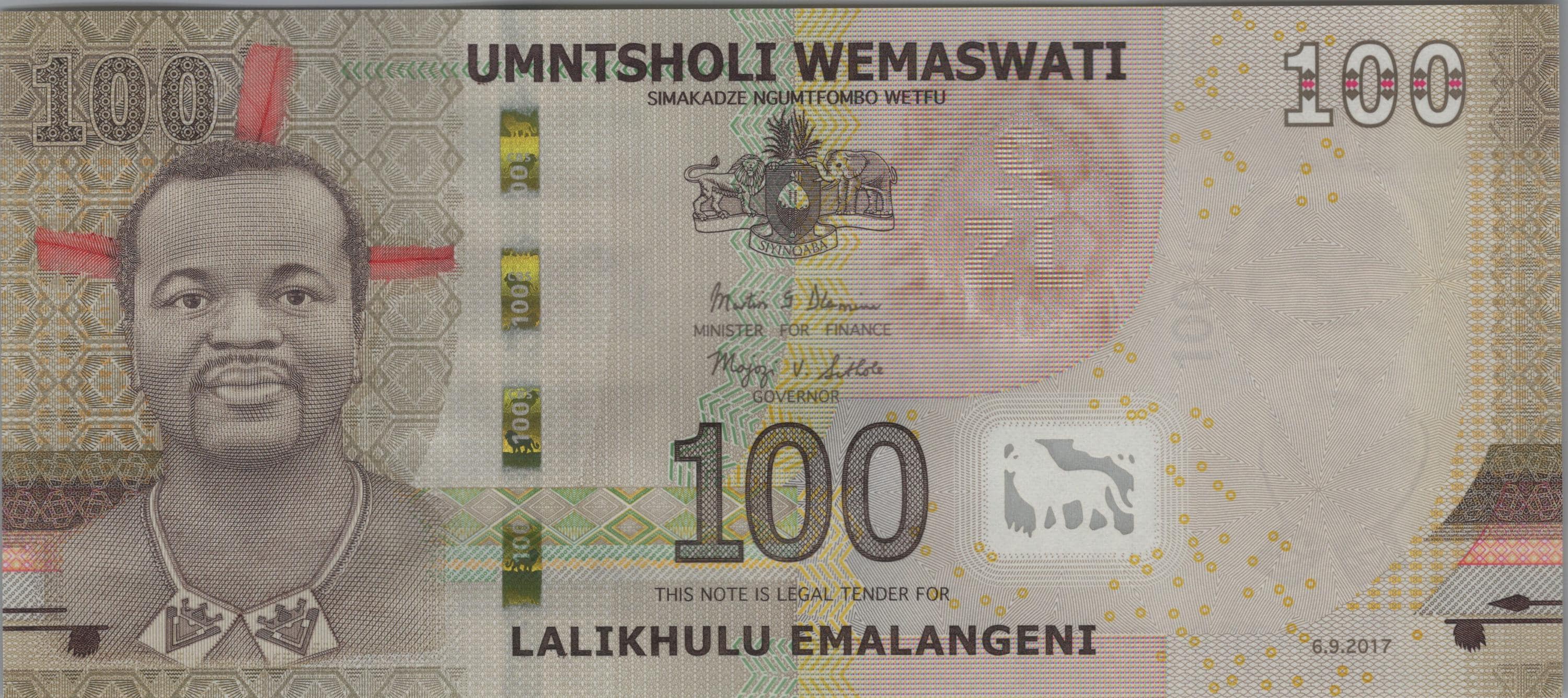 Eswatini (Swaziland) 10 Emalangeni , P42, 2017, UNCIRCULATED; Features Elephant, Rhino, Lion