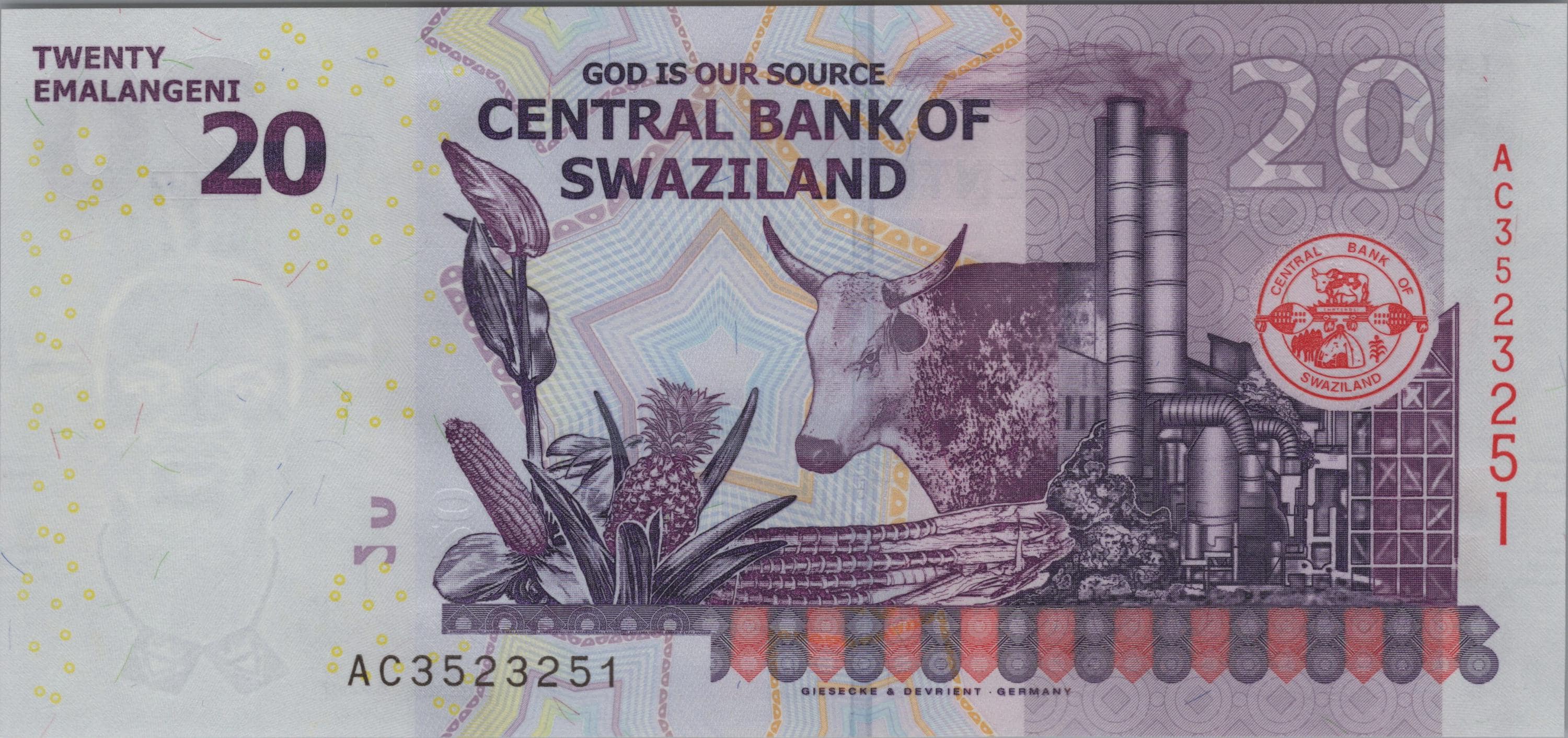 Eswatini (Swaziland) 20 Emalangeni , P37c, 2017, UNCIRCULATED; Features Flower. Corn. Steer
