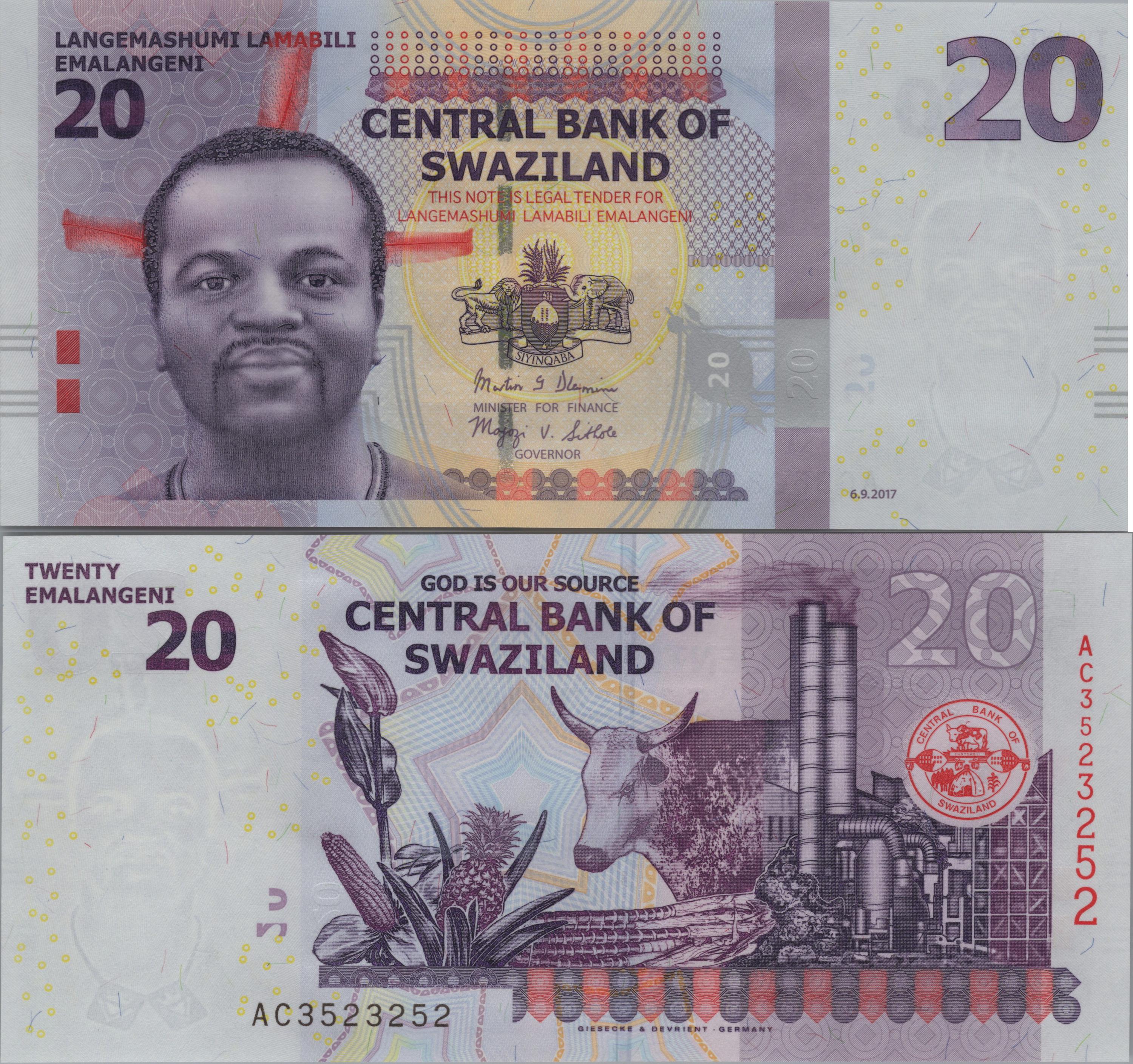 Eswatini (Swaziland) 20 Emalangeni , P37c, 2017, UNCIRCULATED; Features Flower. Corn. Steer