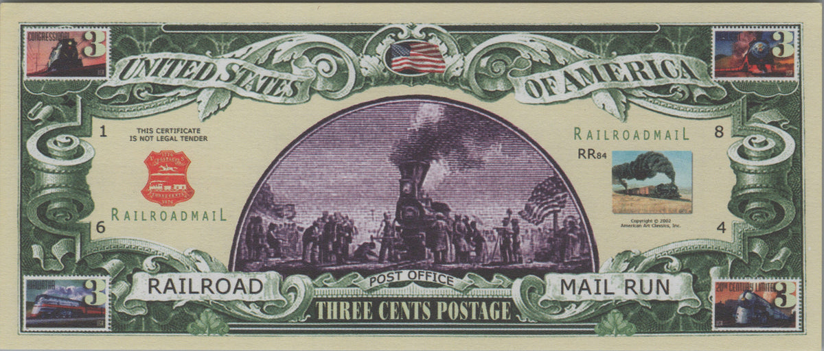 First Railroad Mail Run, Three Cents, Fantasy Note; features Steam Trains