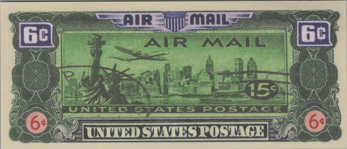 Air Mail, Six Cents, Fantasy Note; features Aircraft and Postage Stamps
