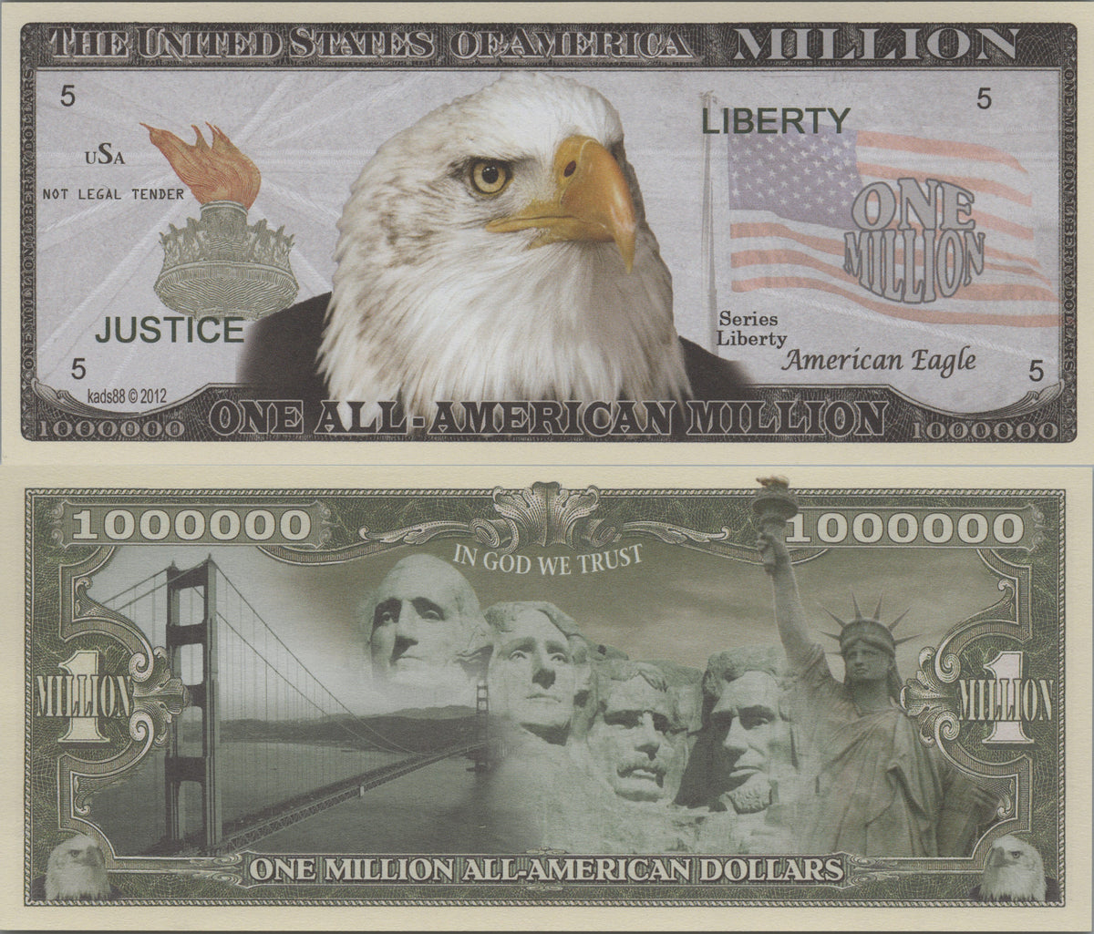 Liberty & Justice, Fantasy Million Note; features Bald Eagle and US Landmarks