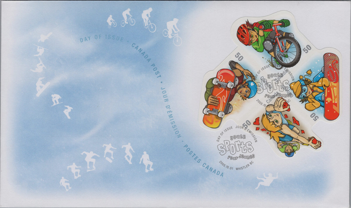 Canada 2005 Youth Sports First Day Cover with four 50-cent stamps, Scott 2121a–d