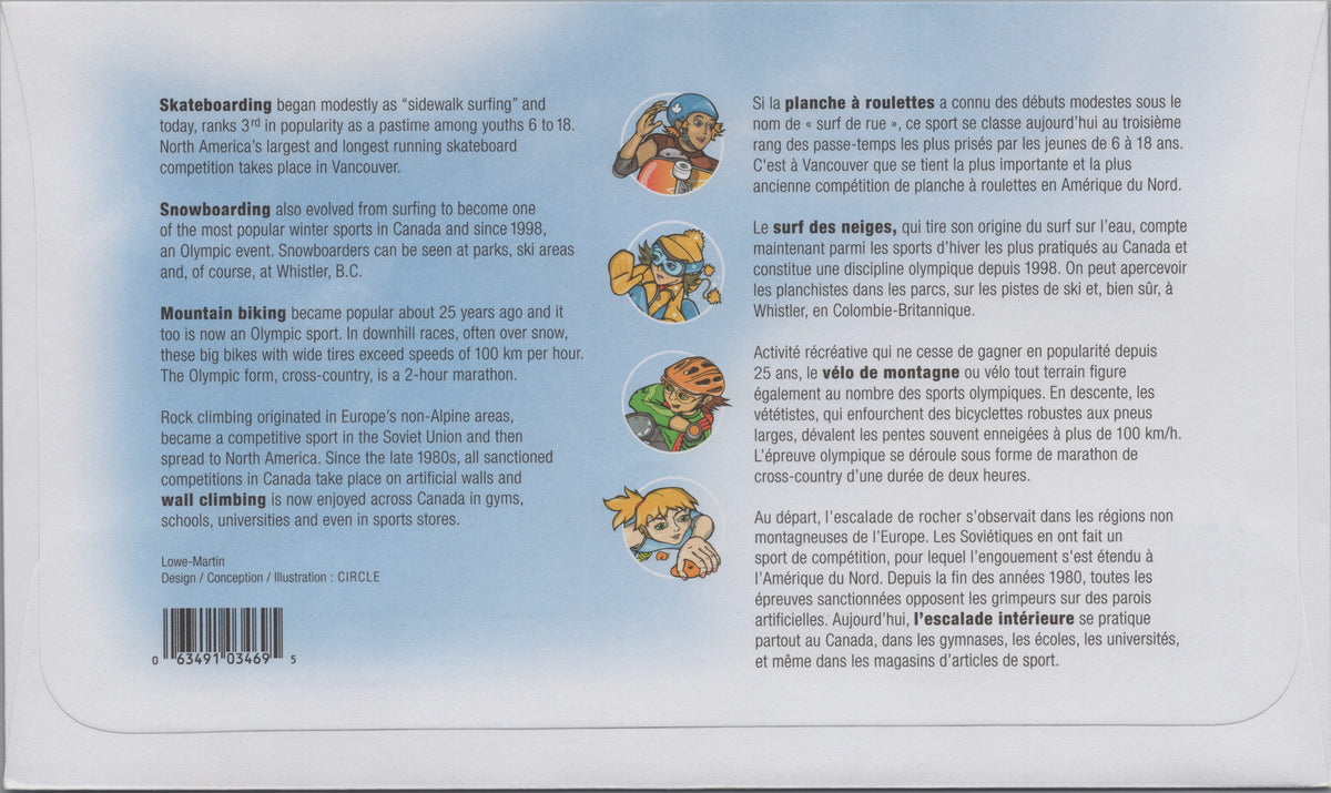 Reverse of Canada 2005 Youth Sports First Day Cover with bilingual sports descriptions