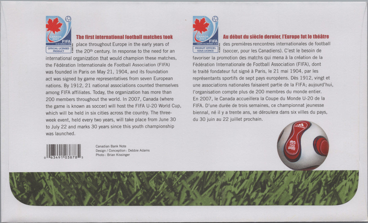 Reverse of Canada 2007 FIFA U-20 World Cup First Day Cover