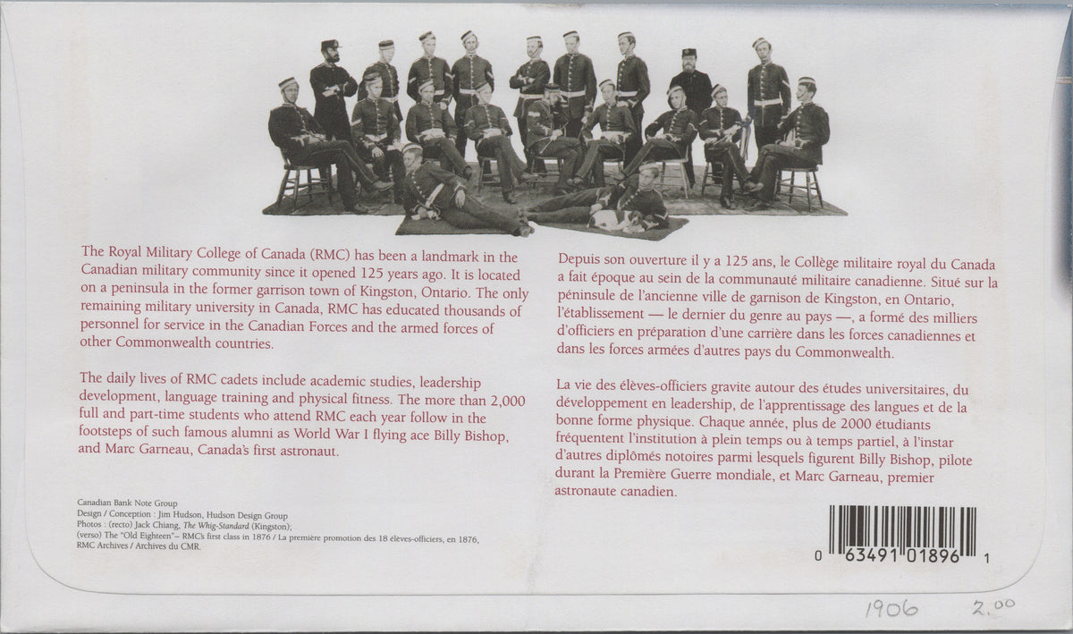 Reverse of Canada 2001 Royal Military College First Day Cover