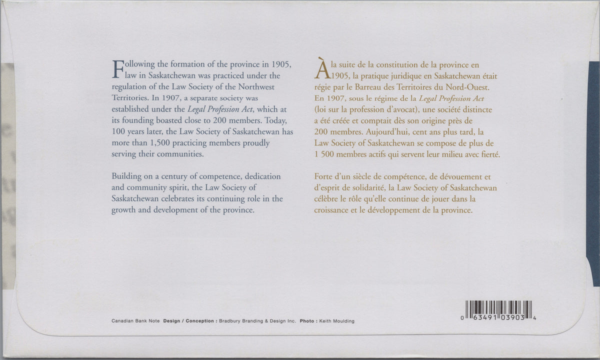 Reverse of Canada 2007 Law Society of Saskatchewan First Day Cover