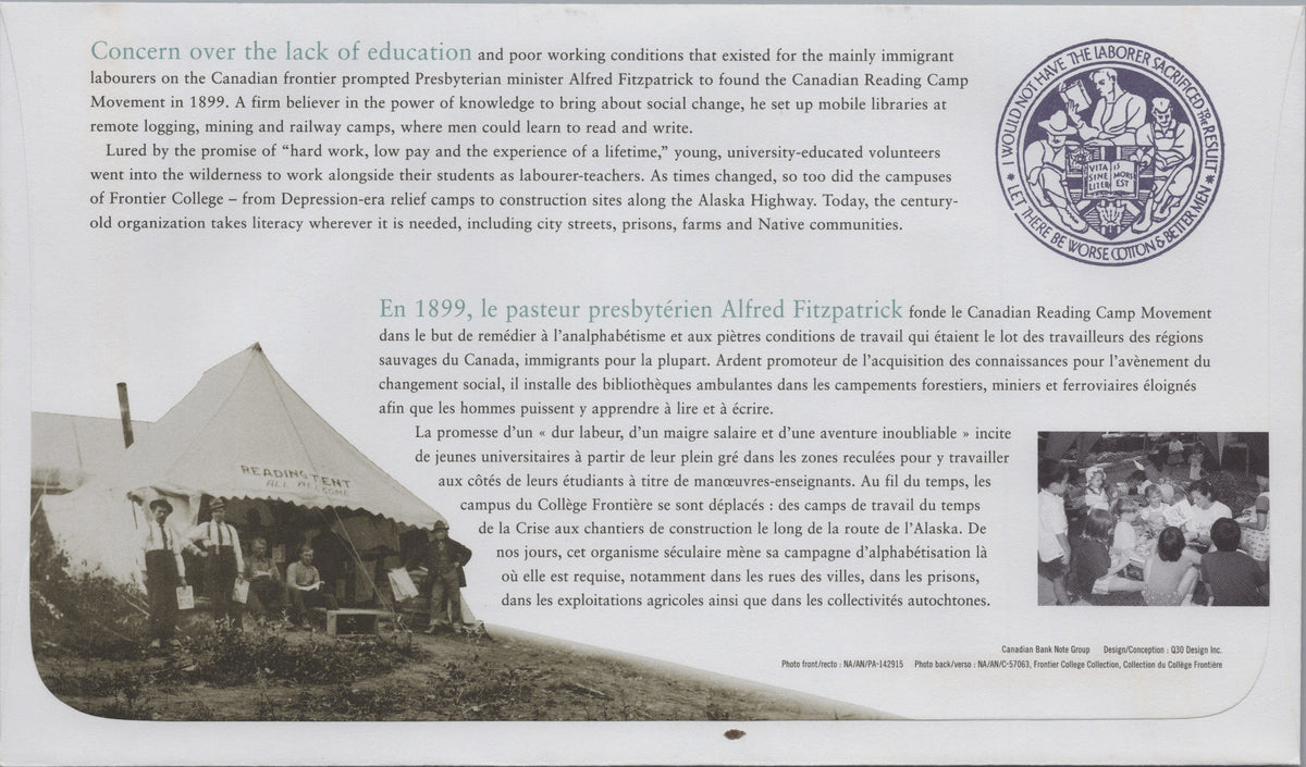 Reverse of Canada 1999 Frontier College Centenary First Day Cover