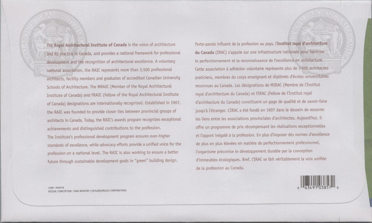 Reverse of Canada 2007 Royal Architectural Institute First Day Cover