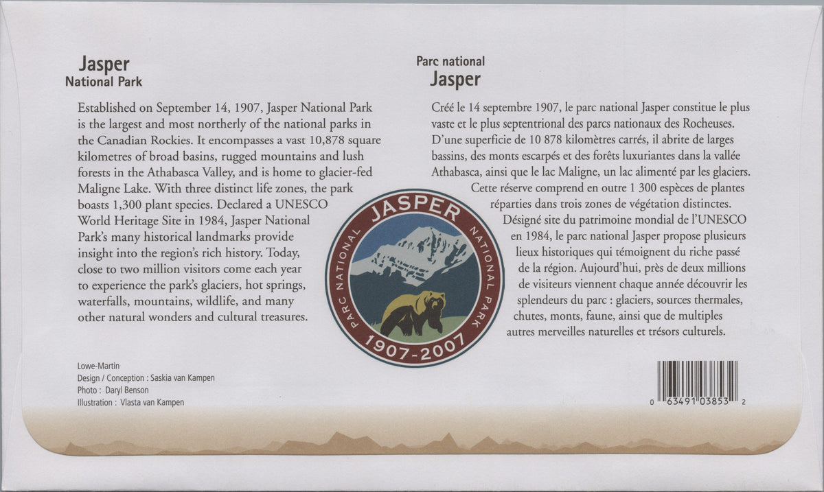Reverse of Canada 2007 Jasper National Park Centenary First Day Cover