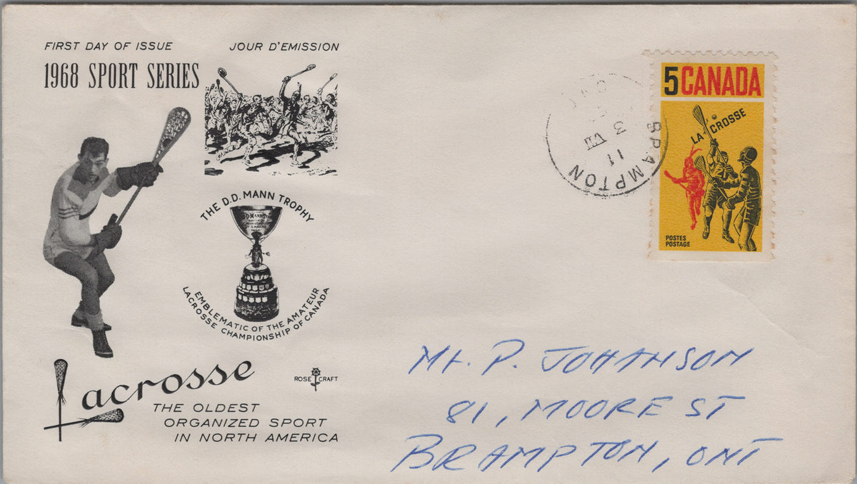 Canada 1968 Lacrosse Rose Craft cover, Brampton cancellation, front