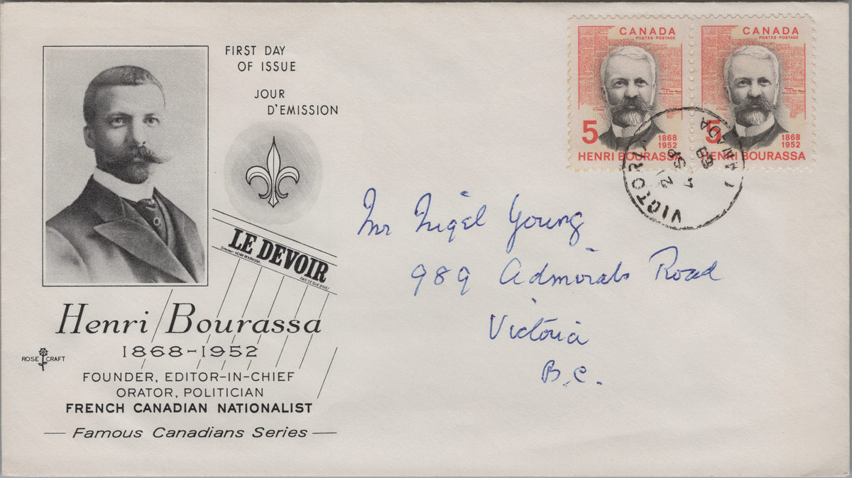 Canada 1968 Henri Bourassa pair Rose Craft cover front, Victoria cancellation