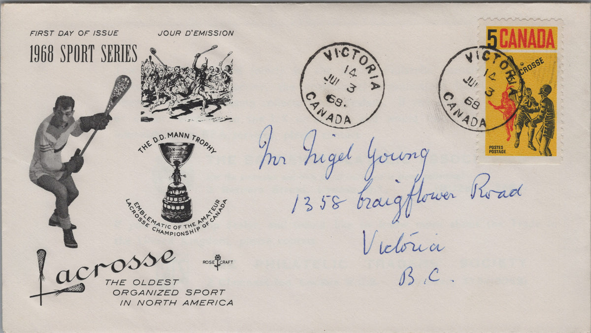 Canada 1968 Lacrosse Rose Craft cover front, Victoria cancellation