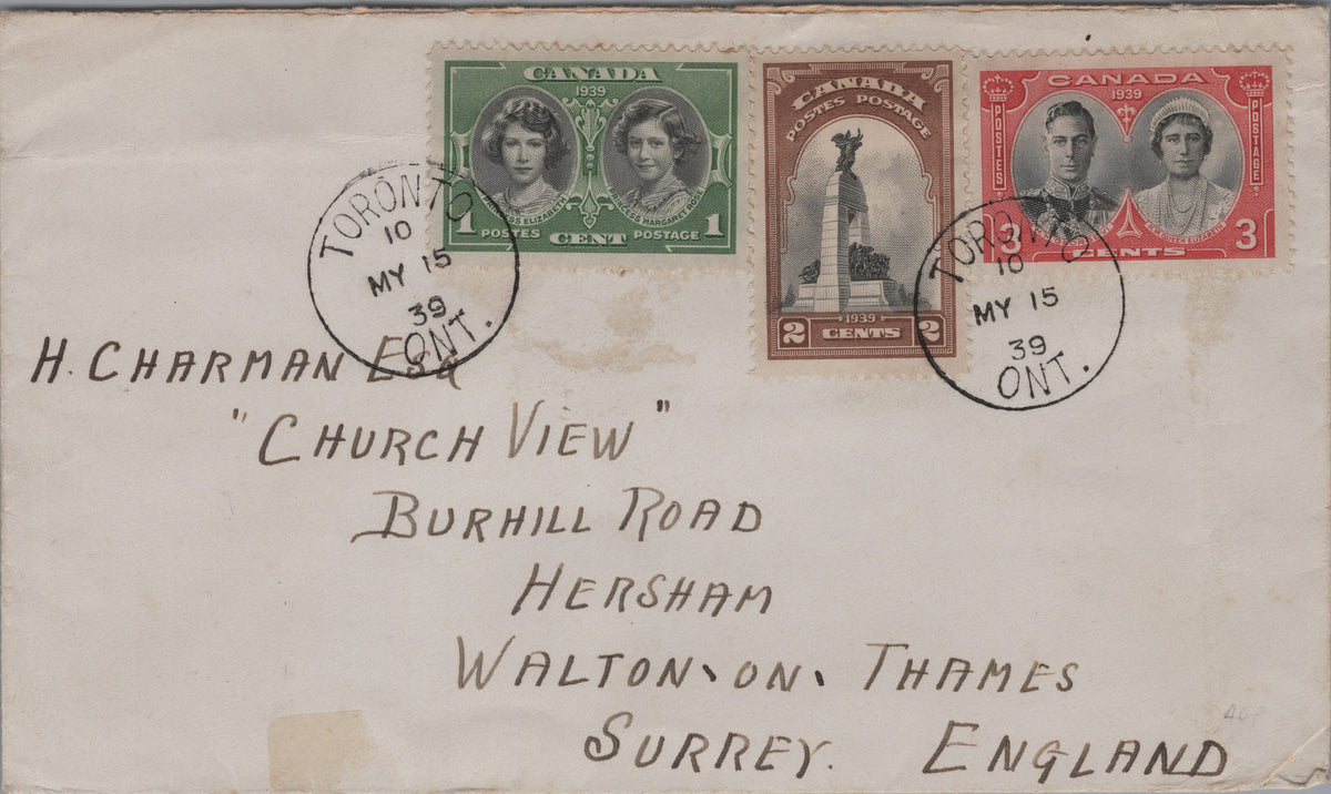 Canada 1939 Royal Visit three-stamp FDC front, Toronto cancellation